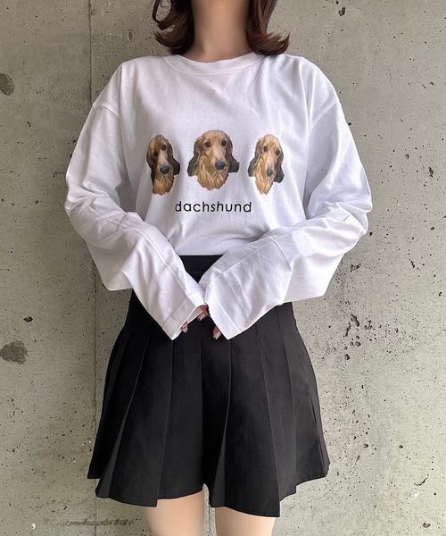 Dレディース カジュアルロングTシャツ プリント柄 英文字 白 黒 aw