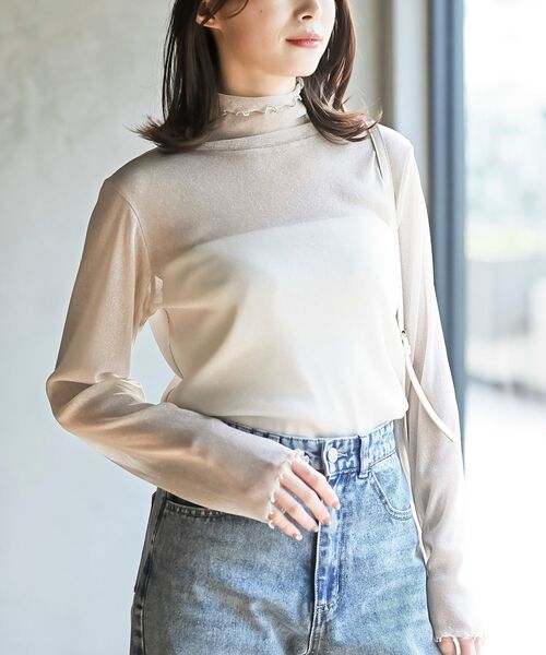 P666 新品未使用 L レオナール ラメ シースルー カットソー レディース r・p・s（アールピーエス） tシャツ ラメシアーハイネックカットソー