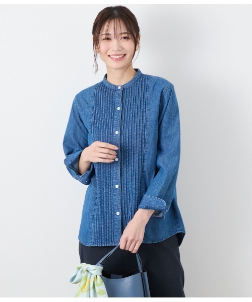 ブラウス シャツ EDWIN 7.2オンス スタンドカラーデニムシャツ レディース