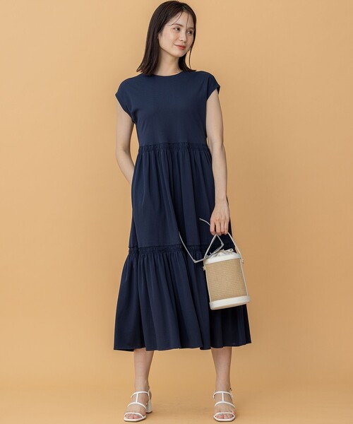 美品✨23区 ロングワンピース ティアード 半袖 インナースカート 紺 ゆったり 組曲（KUMIKYOKU） ワンピース サマージャージーティアード ワンピース