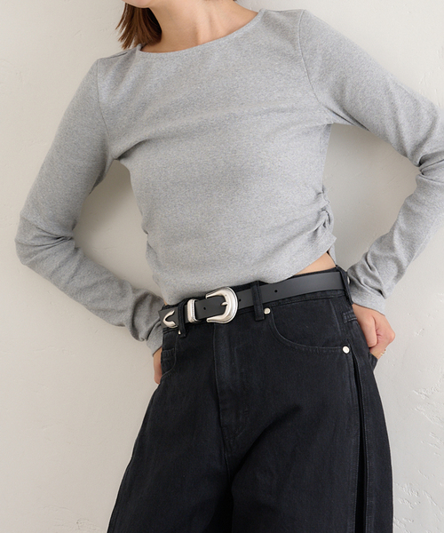 tシャツ サイドギャザーボートネックトップス レディース