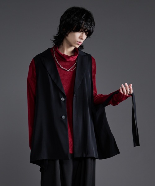 Ellino Loset ネイビー ベスト/ジレ Ellno Loset ベスト ジレ サイドプリーツロングジレ メンズ