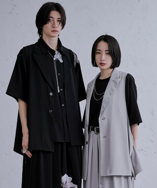 Ellino Loset ネイビー ベスト/ジレ Ellno Loset ベスト ジレ サイドプリーツロングジレ メンズ