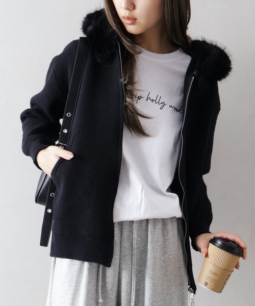 SpRay（スプレイ） パーカー ファー付ニットロングジップパーカー