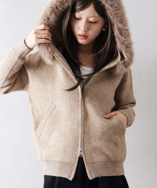 SpRay（スプレイ） パーカー ファー付ニットロングジップパーカー