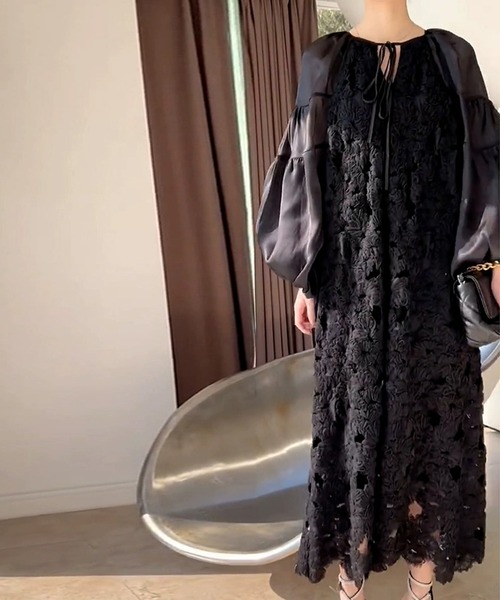 「SMILE ORCHID」 長袖ワンピース L ブラック レディース_画像4