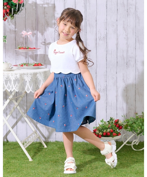 mezzo piano ワンピース 裾スカラップ半袖Tシャツ＆イチゴキャミ