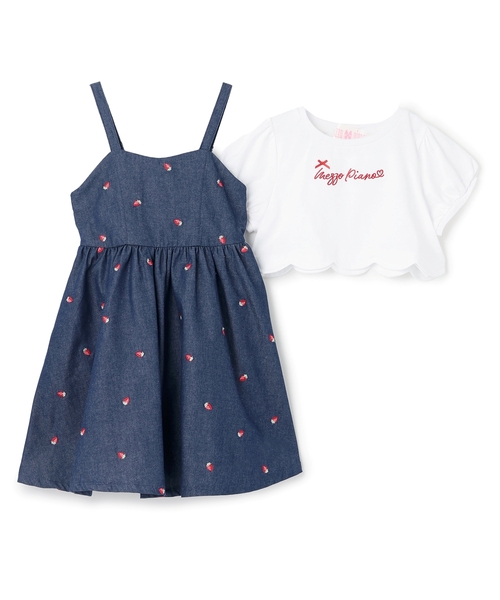 mezzo piano ワンピース 裾スカラップ半袖Tシャツ＆イチゴキャミ