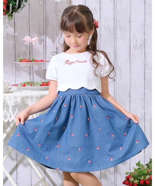 mezzo piano ワンピース 裾スカラップ半袖Tシャツ＆イチゴキャミ