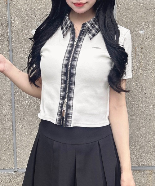 INGNI（イング） tシャツ 半袖 チェック襟ダブルジップトップス