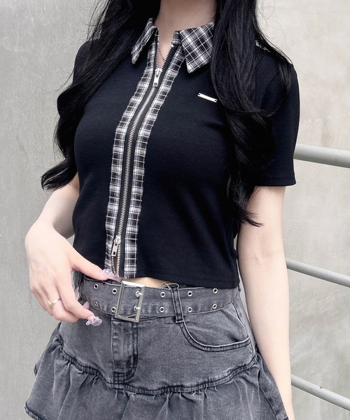 INGNI（イング） tシャツ 半袖 チェック襟ダブルジップトップス
