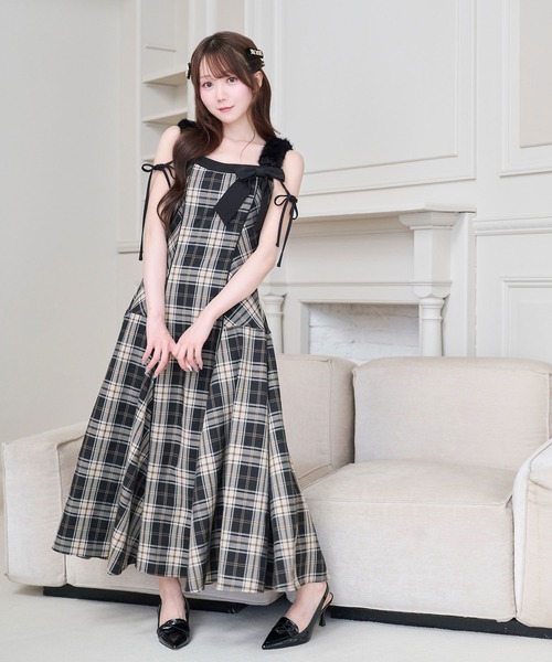Rosé Muse Fur strap check cami dress Rose Muse（ロゼミューズ） ワンピース Fur strap check cami dress