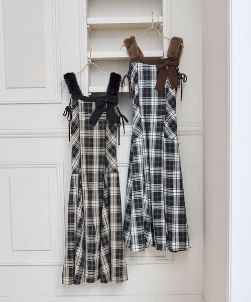Rose Muse（ロゼミューズ） ワンピース Fur strap check cami dress