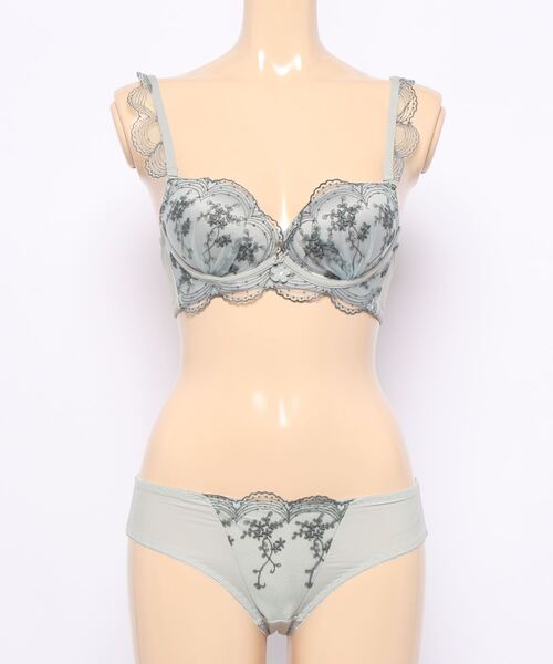 [新品・未使用]アイボリー花柄レースブラジャーショーツセット ブラジャー ショーツ セット 花柄 刺繍 レース ワイヤー入り 脇高 補正