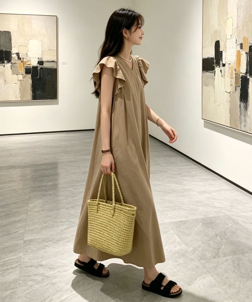 gossip!ロサンゼルス ワンピース フリルスリーブ Vネックコットン