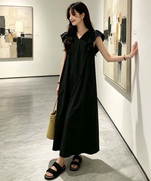 gossip!ロサンゼルス ワンピース フリルスリーブ Vネックコットン
