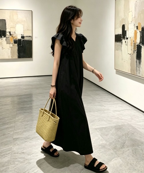 gossip!ロサンゼルス ワンピース フリルスリーブ Vネックコットン
