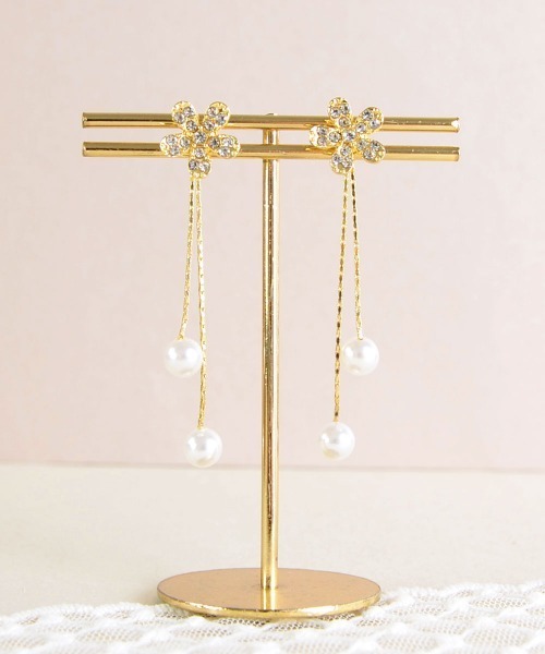 パール付きゴールドピアス Mayree ピアス 「float」ゴールドビジュー ゆらゆらパール レディース