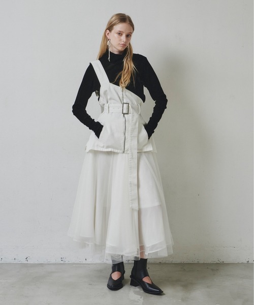 ワンピース ワンショルダーボリュームチュールデニムサロペワンピース  