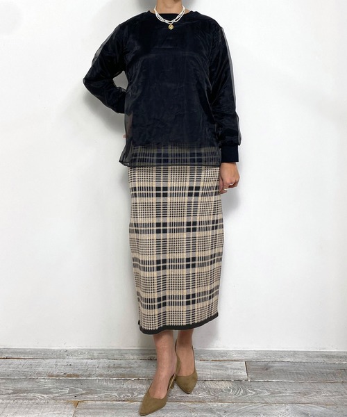 ゴルチェ　サタン柄　　タイトロングスカート AZUL BY MOUSSY | チェックタイトスカート (スカート(ロング) ) |SHEL