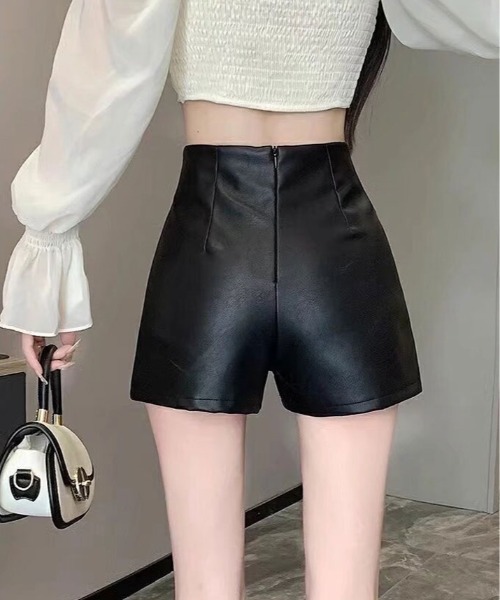 新品レディース高級本革↑超ソフトなラムレザーショートパンツ☆ハイウエストパンツ ハイウェスト タイトパンツ レザーパンツ ショートパンツ 短パン
