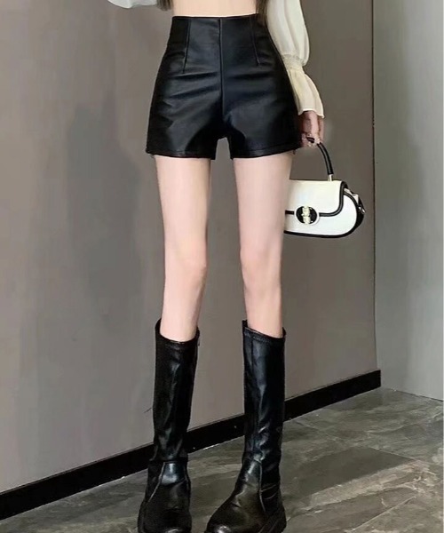 パンツ ハイウエスト フェイクレザー ショート レディース