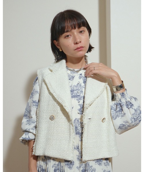 ベスト ジレ 短丈　テーラーカラー　ツイードショートベスト レディース palm RICHE ベスト ジレ 短丈 テーラーカラー ツイードショート
