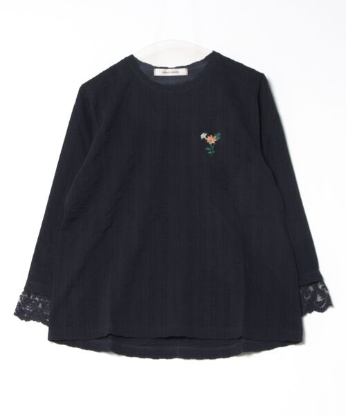 tシャツ ストライプジャカードフラワーワンポイント刺繍カットソー レディース