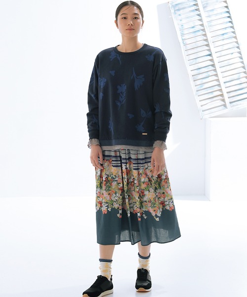 tシャツ ストライプジャカードフラワーワンポイント刺繍カットソー レディース SUPER HAKKA tシャツ ストライプジャカードフラワーワンポイント