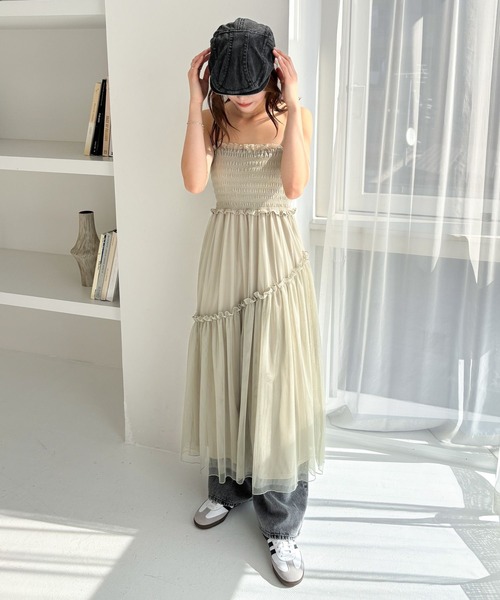 Fickle Bebe ロングワンピース キャミワンピース シャーリング フリル Fickle Bebe ロングワンピース キャミワンピース シャーリング