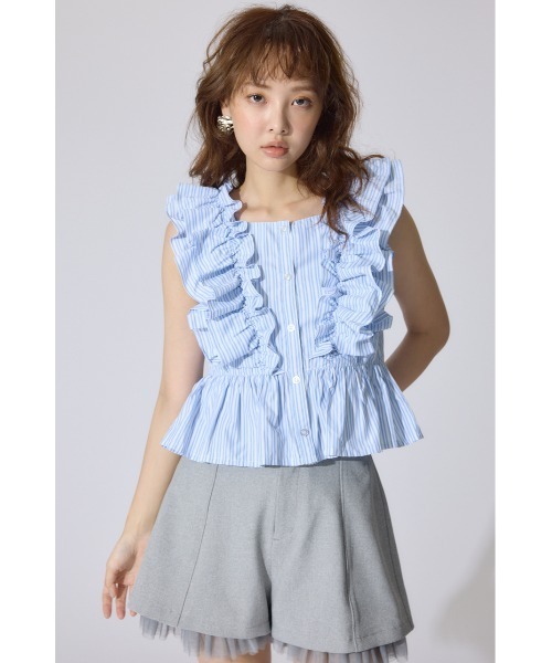ブラウス シャツ ダブルフリルブラウス 夏服 ノースリーブトップス レディース rienda ブラウス シャツ ダブルフリルブラウス 夏服