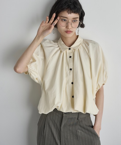 ブラウス シャツ ペーパーリネンドロストクロップドシャツ「手洗い可能」 レディース THE Yon ブラウス シャツ バルーンヘムドルマンスリーブ