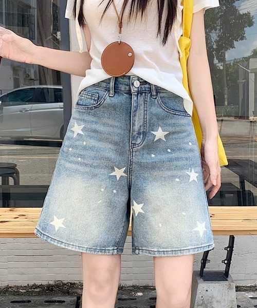 ショート丈パンツ ハーフパンツ ショートデニム 3色 星モチーフ Amazon | [Eldori] デニムショートパンツ レディース ショーパン