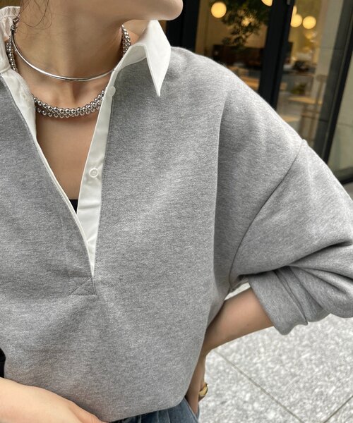 tシャツ 「インフルエンサー OKOCHI企画」シャツ襟ラガースウェットトップス レディース DouDou tシャツ 「インフルエンサー OKOCHI企画」シャツ襟ラガー