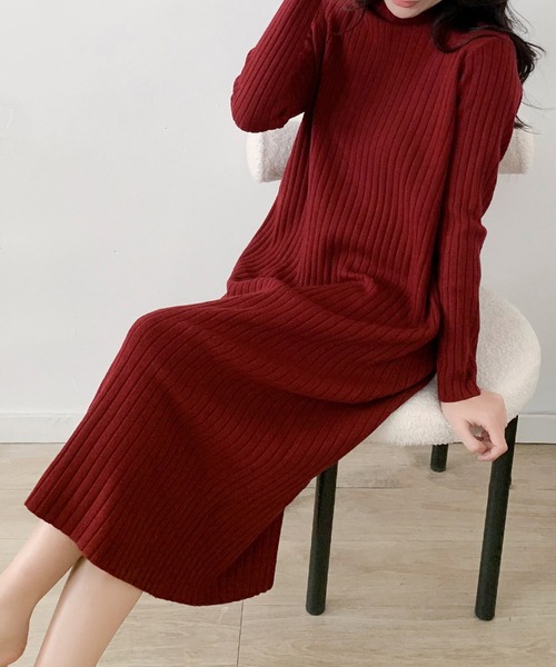 LOWO ワンピース リブニット ハイネック ロングワンピース 冬 きれいめ