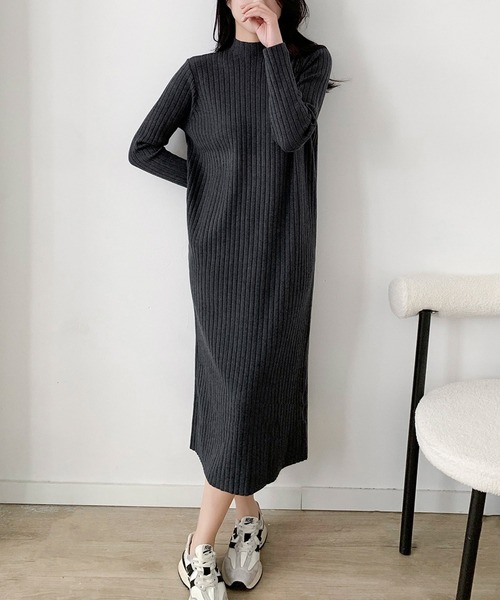LOWO ワンピース リブニット ハイネック ロングワンピース 冬 きれいめ