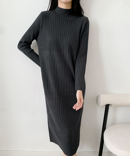リブハイネックロングワンピース　未使用品 LOWO ワンピース リブニット ハイネック ロングワンピース 冬 きれいめ