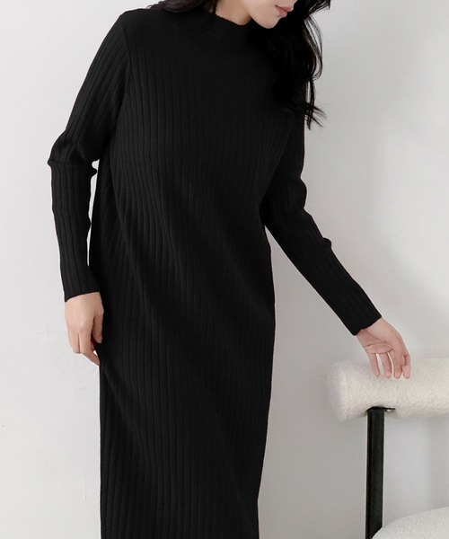 ドゥロワー タートルネック リブニット ワンピース ロング ブラック LOWO ワンピース リブニット ハイネック ロングワンピース 冬 きれいめ