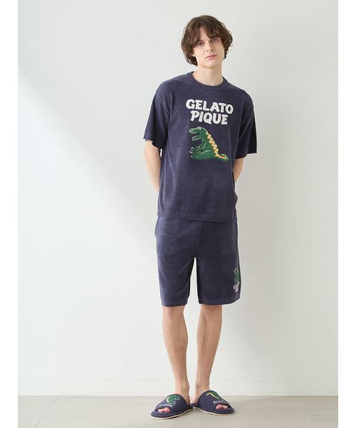 パジャマ 「ONLINE限定」「HOMME」エアリーモコスリーピングダイナソージャガードプルオーバー＆ハーフパンツセット メンズの画像