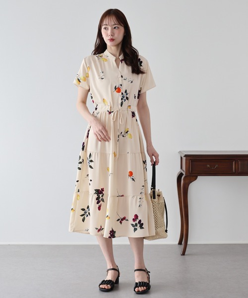 美品 カネコイサオ ロングワンピース 開襟 フレア レッド 赤 フルーツ