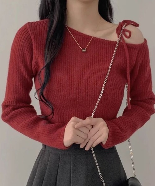5定価72,000円　アイレネ　IRENE ショルダー リボン リブニット　S ニット セーター ワンショルダー リボン リブニット レディース