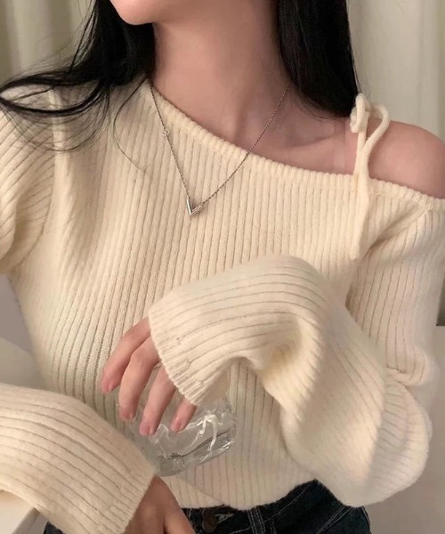 5　【定価72,000円】IRENE ショルダー リボン リブニット　S ニット セーター ワンショルダー リボン リブニット レディース