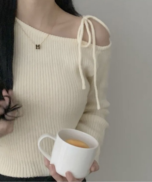 5　【定価72,000円】IRENE ショルダー リボン リブニット　S ニット セーター ワンショルダー リボン リブニット レディース
