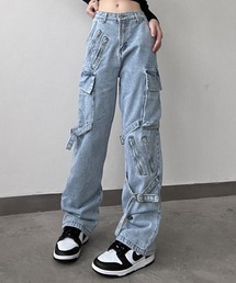デニム・ジーパン HUECLOSET Kaisin y2k cargo bootcut pants セール】wide kago denim pants ワイドカーゴデニムパンツ made