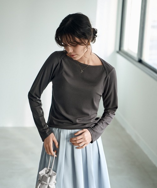 tシャツ とろみワイドリブボートネックトップス レディース