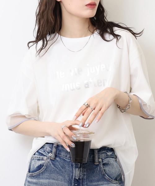 tシャツ EGLANTINE チュール重ね ロゴカットソー 半袖Tシャツ レディース