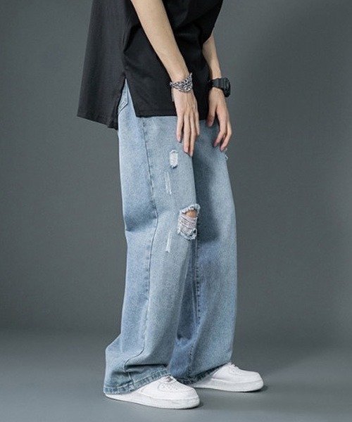 「Anchor Smith」 ダメージ加工デニムパンツ M サックスブルー メンズ