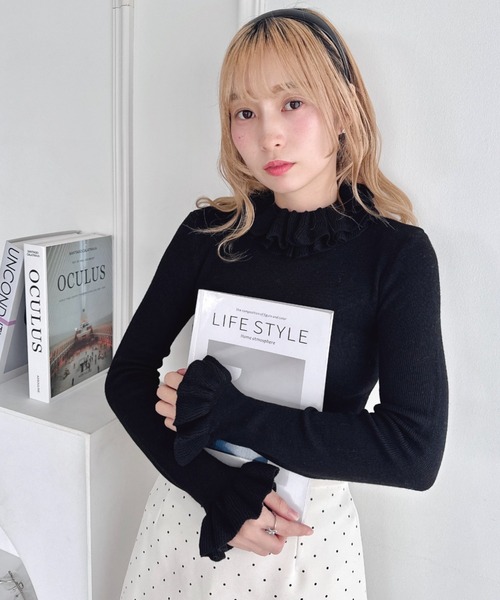 Loueme ニット セーター 「5色展開」フリルハイネックリブニット