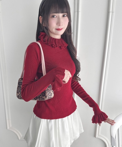 □ 48748★年 定価1.6万 マチャット フリルカラーリブニット* Loueme ニット セーター 「5色展開」フリルハイネックリブニット