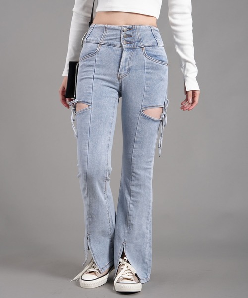 WORKS ジーンズ デニム デニムパンツ 3個釦ハイウエストデニム左右脇カットオフリボン結びフレアーデニムパンツ レディース ZOZOTOWN Yahoo 店 - 通販 - Yahoo ショッピング